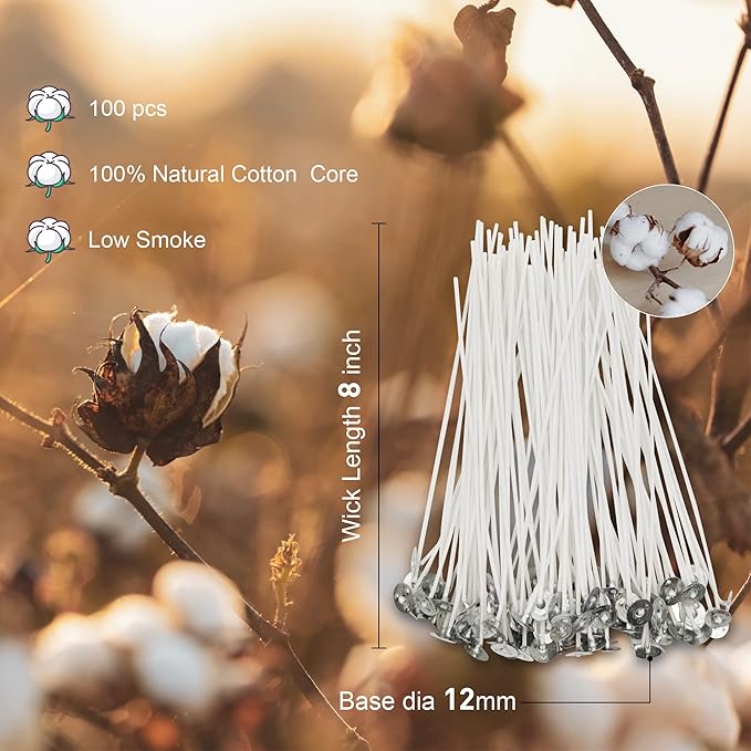 100 Pcs Cotton Candle Wick 8'',Wicks Coated with Paraffin Wax, 100PCS Candle Wick Stickers and 2PCS Metal Candle Wick Holders for Candle Making, Suit for Soy Beeswax Candle Making DIY