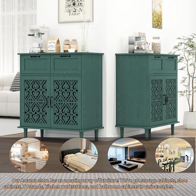 vistavie Green 2 Doors 2 Drawers Buffet Sideboard Cabinet - Accent Cabinet with Adjustable Shelves，31.5 Inch Wide Wood Storage Cabinets for Dining Room,Study Room and Kitchen