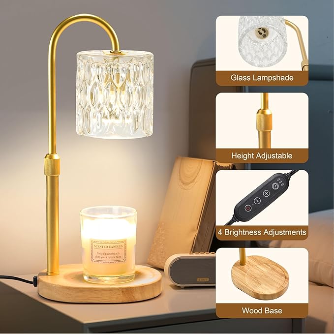 Dreamholder Electric Candle Warmer Lamp with Timer & Dimmer, Adjustable Height Wax Melt Warmer for Jar Candles, Wood Base Candle Melter, Floral Home Decor Gifts for Women, Mom, Natural Wood