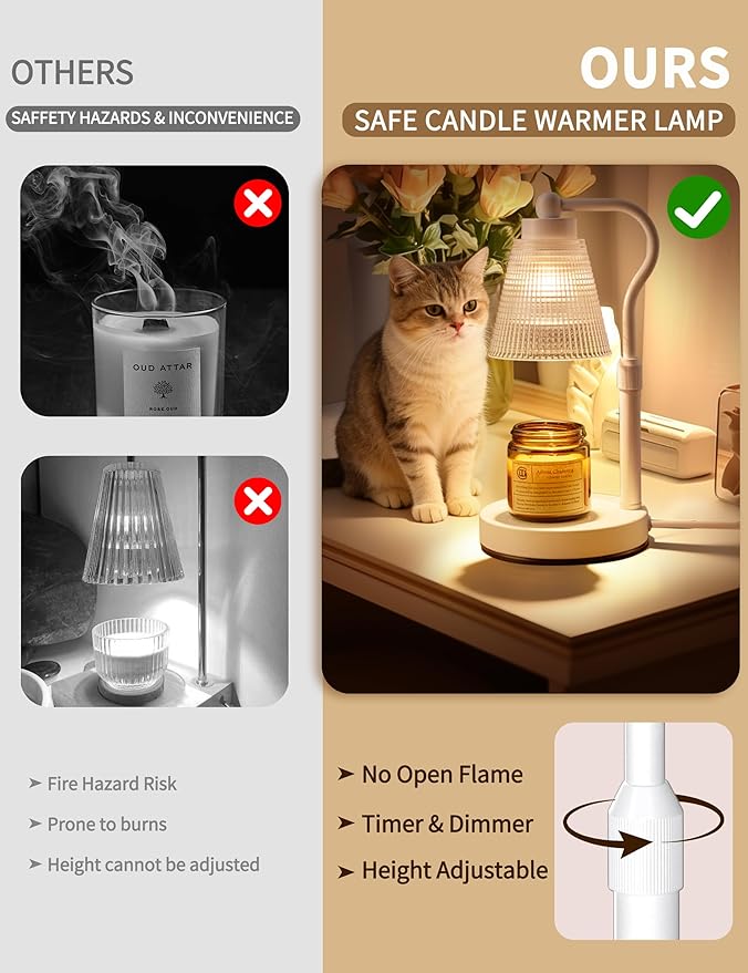 Candle Warmer Lamp for Jar Candles, Height Adjustable & Dimmable with 2/4/8H Timer, 2*50W Halogen Wax Melter Warmer for Home Office Décor, Flameless & Smokeless, Gift for Women Mom,White-Clear/1 Pack