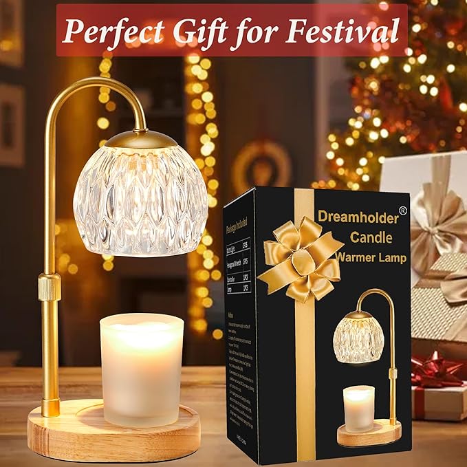 Dreamholder Candle Warmer Lamp, Glass Electric Wax Melter Warmer Lamp with Timer & Dimmer, Vintage Wax Warmer Adjustable Height Scented Candles, for Home Decor Gifts, Black