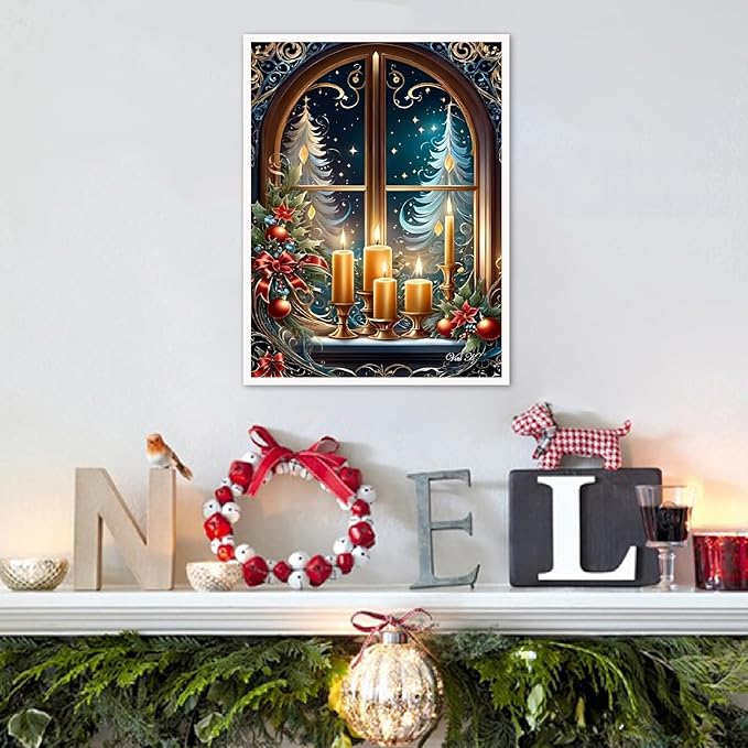 mjcakrn Christmas Diamond Art Kits for Adults, Christmas Candles Diamond Painting Kits for Adults Beginners, 5D DIY Full Drill Round Rhinestone Gem Art Crafts Paintings for Home Wall Decor 12x16 inch