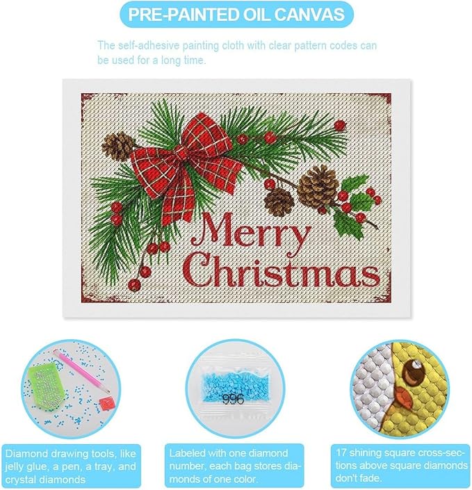 AIVKIEJK Diamond Painting Kits for Adults - Merry Christmas Holly, Pine Cones & Red Plaid Bow Painting DIY 5D Full Drill Diamond Dots Paintings with Diamonds Gem Art and Crafts Home Decor 8"x12"