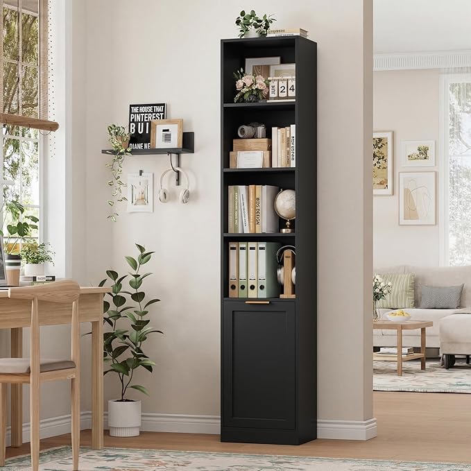FACBOTALL 73.5" Tall Narrow Bookshelf, Tall Bathroom Storage Cabinet, Slim Bathroom Cabinet with Doors, 6 Tier Slim Bookshelf with Storage, Narrow Storage Cabinet for Living Room, Home Office, Black