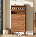 Fsbecl Shoe Storage Cabinet for Entryway with 3 Flip Drawers, Narrow Shoe Organizer with Fluted Panel, Freestanding Wood Hidden Shoe Cabinet for Hallway(Walnut, 23.6''W, Single Layer)