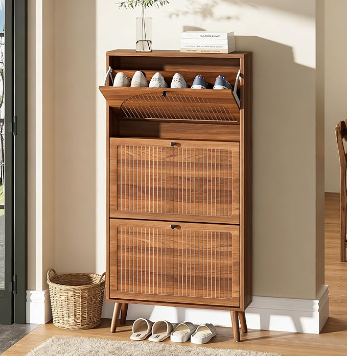 Fsbecl Shoe Storage Cabinet for Entryway with 3 Flip Drawers, Narrow Shoe Organizer with Fluted Panel, Freestanding Wood Hidden Shoe Cabinet for Hallway(Walnut, 23.6''W, Single Layer)