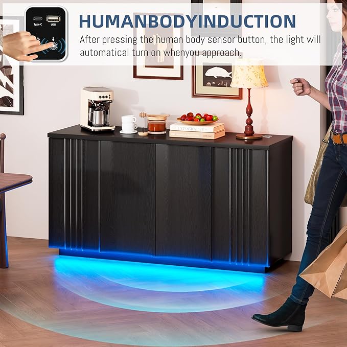 63'' Buffet Cabinet with Storage, Coffee Bar with 4 Doors & 2 Adjustable Shelves, Modern Sideboard Table with 3 Color LED Light for Kitchen (Black)