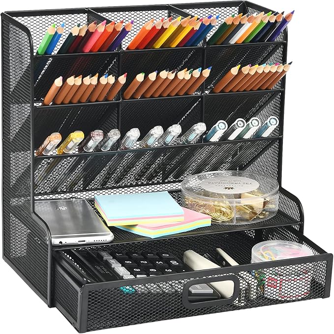 Marbrasse Mesh Pen Holder for Desk, Multi-Functional Pencil Organizer with Drawer, Desk Organizers and Accessories for Office Art Supplies (Large Black)