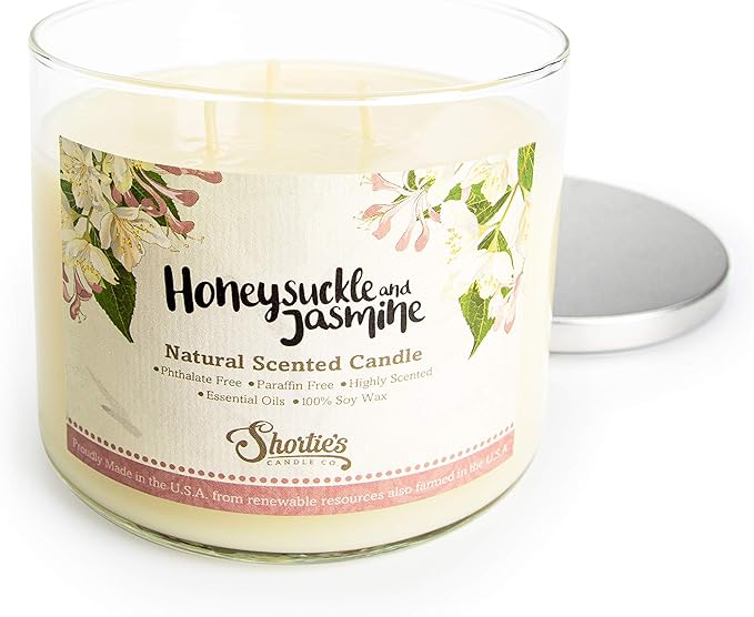 Honeysuckle Jasmine Highly Scented Natural 3 Wick Candle, Essential Fragrance Oils, 100% Soy, Phthalate & Paraben Free, Clean Burning, 14.5 Oz.