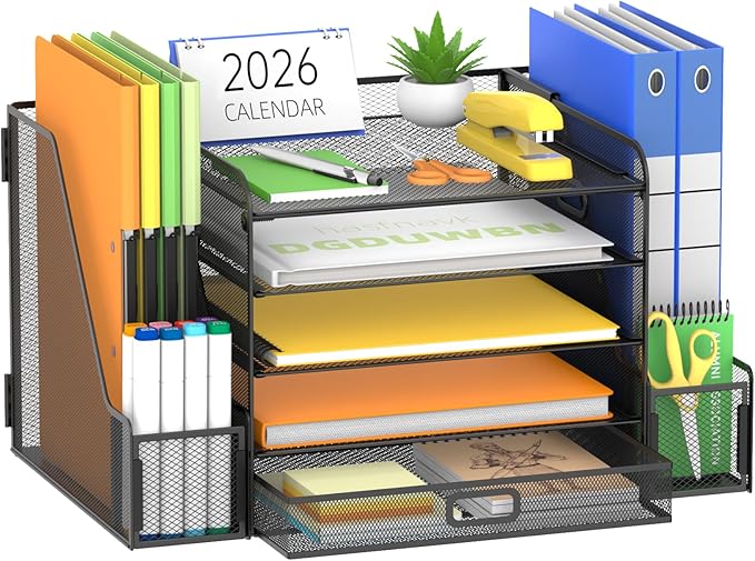 SUPEASY Mesh Desk Organizer with File Holder, 5-Tier Paper Letter Tray Organizer with Magazine Holder, Desktop Organizer and Storage with Drawer for Office Supplies Home or School (Black)