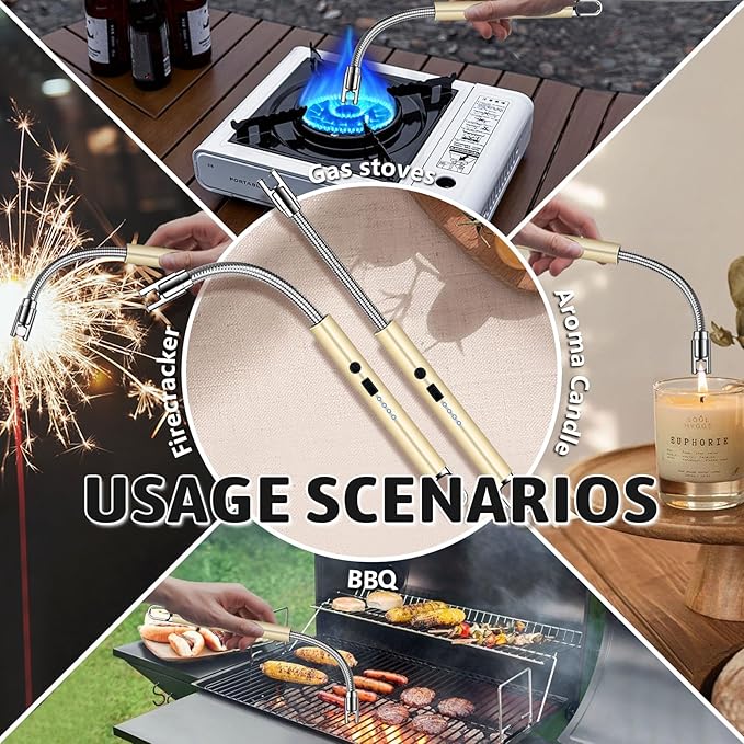 2 Pack Electric Candle Lighters, USB Rechargeable Lighter with Windproof Flameless & Extended Handle, Suitable for Candles, BBQ, Camping, Gas Stove, Festivals Gift (Gold, 2 Packs-A)