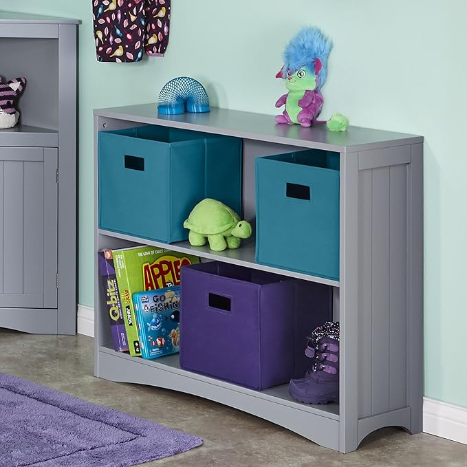 RiverRidge Kids' Horizontal Bookshelf 2 Large Open Storage Shelves - Toy Organizer Bookcase with Beadboard Side Panels Fits RiverRidge Folding Bins for Room Organization Gray