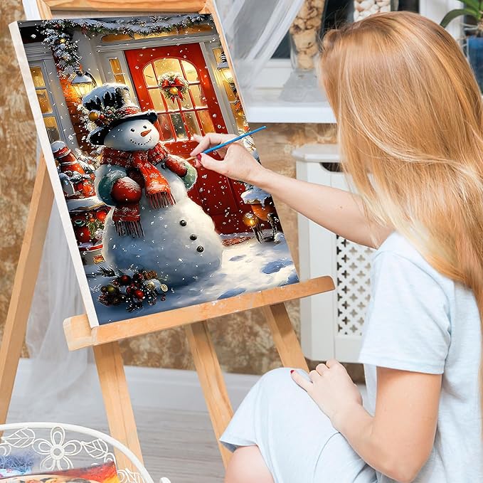 Bowetile Christmas Paint by Numbers for Adults Beginners Framed, Adults' Paint-by-Number Snowman Kits on Canvas, Acrylic Number Painting Christmas Gifts for Home Decor, 8x12in