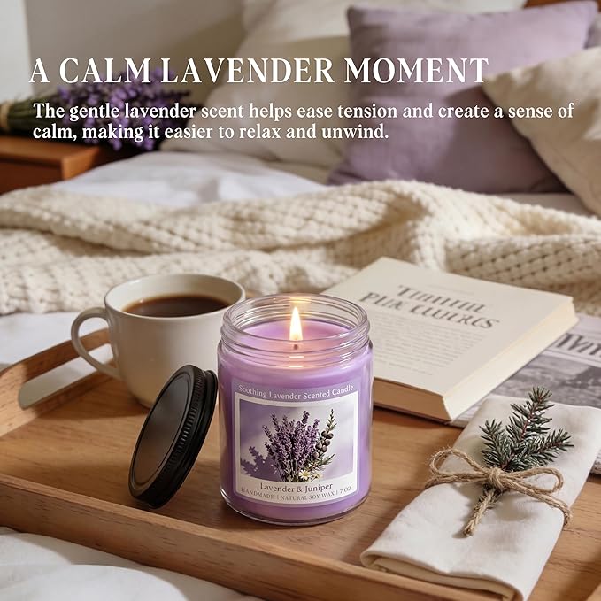 Homsolver Soothing Lavender Scented Candle, Natural Soy Candles with 50+ Hour Burn, Soft Juniper Lavender Fragrance for Home, Gift for Women, Men & Friends, Everyday Home Use, Comfortable Spaces