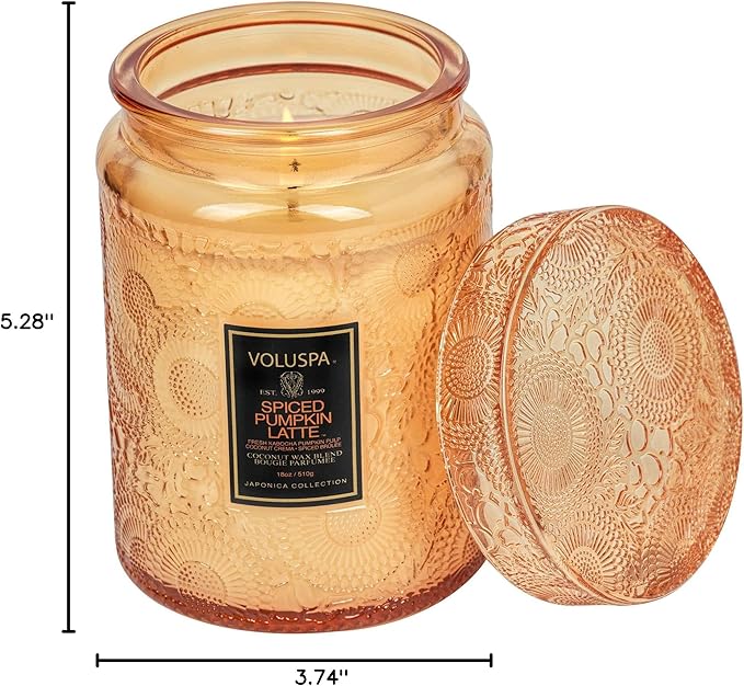 Voluspa Spiced Pumpkin Latte, Large Candle Jar, 18 oz, 100 Hour Burn Time, All Natural Wicks and Coconut Wax for Clean Burning, Vegan, Poured in The USA
