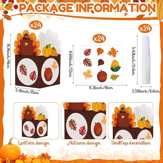Marspark 24 Sets Thanksgiving Crafts Bulk Turkey Maple Leaf Fall Craft Paper Lanterns Kit DIY Harvest Autumn Lanterns for Home Art Activities Party Decorations(Turkey)