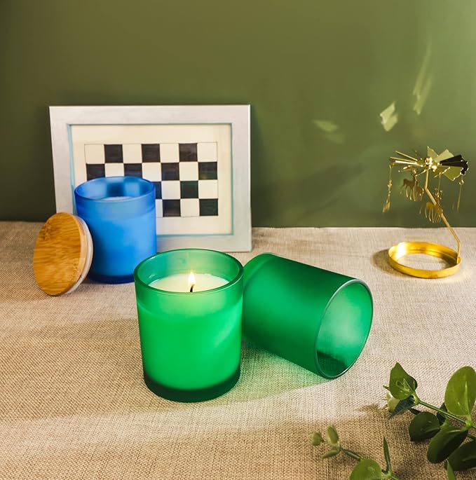 Aroparc Bulk Candle Jars for Making Candles, 10 OZ Empty Tumbler with Bamboo Lids, 12 Pack Bulk Candle Containers - Dishwasher Safe, Green Frosted