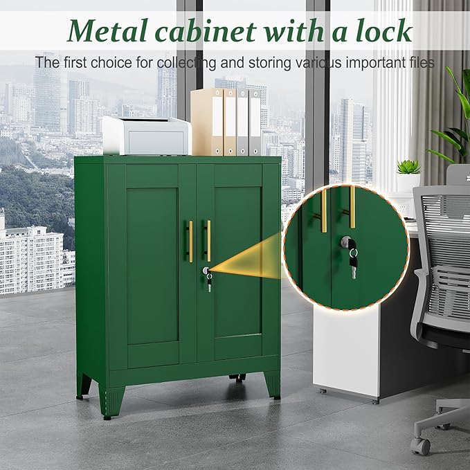 Green Metal Storage Cabinet, 36" Tall Locking Storage Cabinet with 2 Adjustable Shelves, Steel Locker Organizer, for Office, Home, School, 2PS