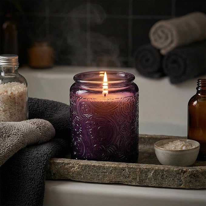 9-Pack 8oz Embossed Glass Candle Container with Bamboo Lids and Labels, Purple Candle Jars for Making Candles, Sun Moon Star Design
