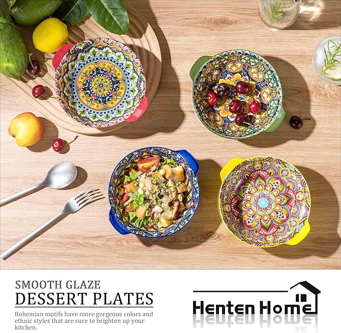 Henten Home Ceramic Soup Bowls Set, 14 oz Cereal Bowl Set of 6, Porcelain Small Dessert Bowls with Handle, for Serving, Snack, Salad, Bohemian, Microwave & Dishwasher Safe