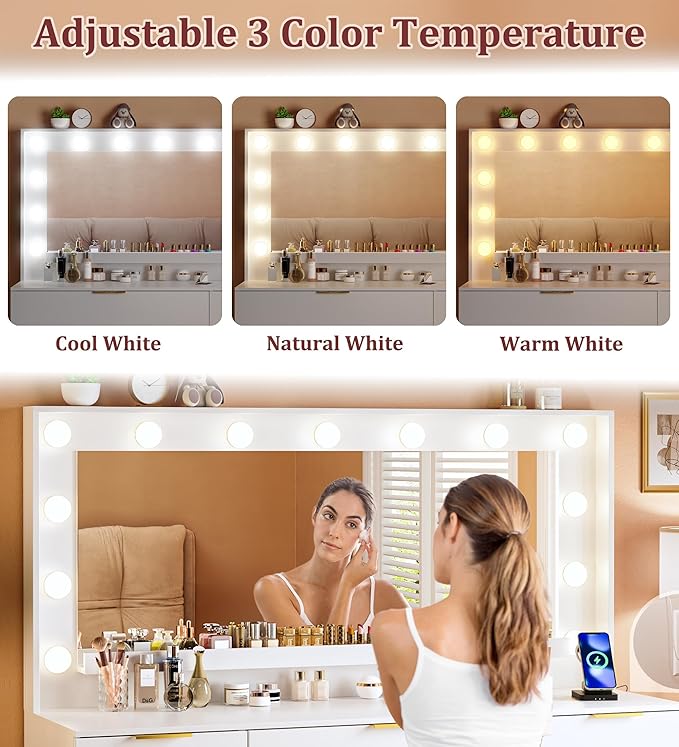 ALEXNUTRE Vanity Desk with Large Mirror and Lights, 45.3in Makeup Vanity with Power Outlet 9 Drawers & Storage, 3 Lighting Color Adjustable, White Vanity Desk for Bedroom