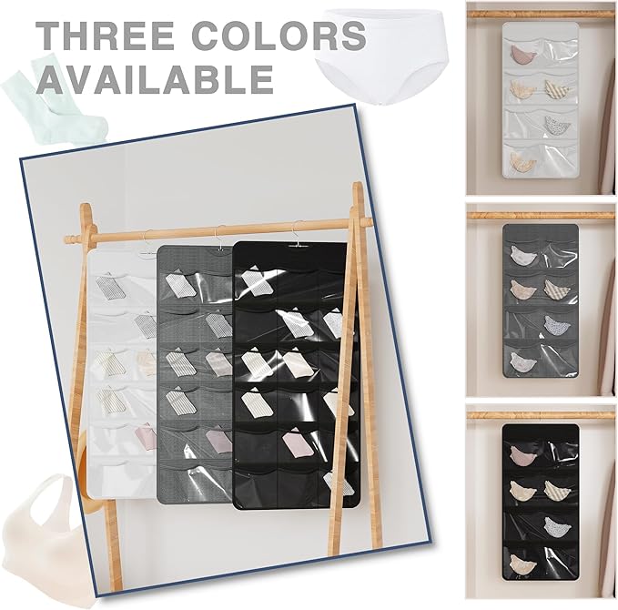Hanging Closet Underwear Organizer, 28-Pockets Dual-Sided Storage for Socks, Bras, and Leggings Lingerie and Kids’ Clothing, Dark Gray
