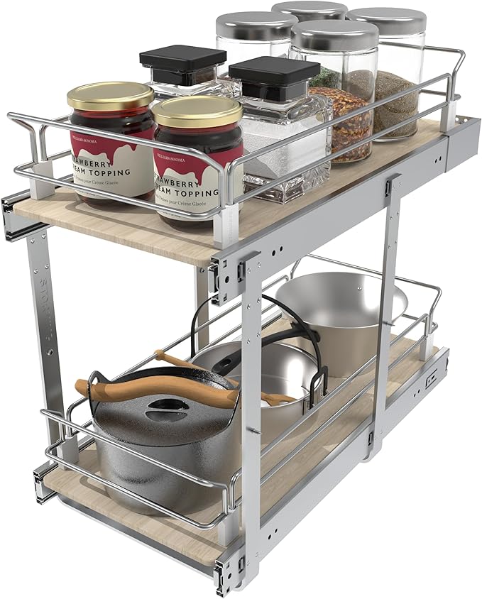 2 Tier Pull Out Cabinet Organizer 11" W X 22" D, Slide Out Drawers For Kitchen Cabinets, Pull Out Drawers For Cabinets Capacity Heavy Duty Caddy, Cabinet Pullout Shelves Wood Chrome, Pantry Storage