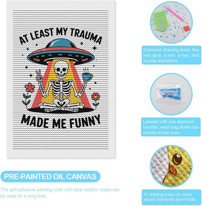 KIVJMSIDJA Skull Skeleton “At Least My Trauma Made Me Funny” Diamond Painting Kits for Adults,Diamond Art Kits for Beginners 5D Round Diamond 8"x12"