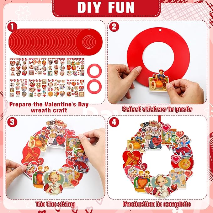 Hollowfly 48 Sets Vintage Valentine's Day Wreath Craft Kits for Kids DIY Heart Wreath Hanging Ornaments Make Your Own Paper Craft for Valentine's Day Home Party Favors School Classroom Activities