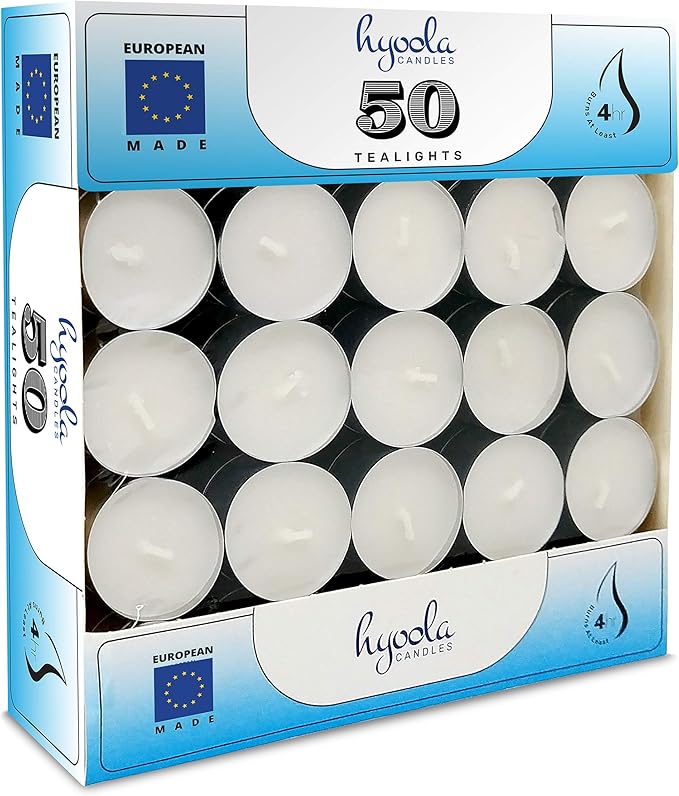 Hyoola Tea Lights Candles - 50 Bulk Candles Pack - Natural Palm Oil Tea Light - European Quality White Unscented Tealight Candles - 4 Hour Burn Time