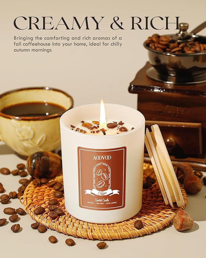 AOOVOO Macchiato Coffee Scented Candles for Women - Aromatherapy Candle with Crystals Inside, 10oz, 60H Burning Time, Soy Candles for Home Scented, Birthday Gifts Valentines Day Candle for Women Mom