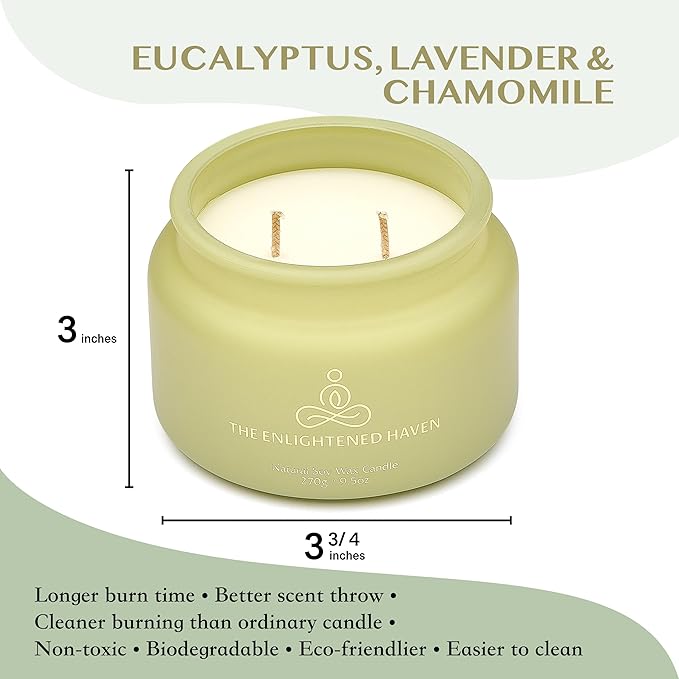 Calming | 2-Wick Scented Candles for Home | Eucalyptus, Lavender, & Camomile | Natural Non Toxic Soy Candles with Essential Oils | 50 H Long Burning | Aromatherapy Candle Jar with Lid - 9.5oz