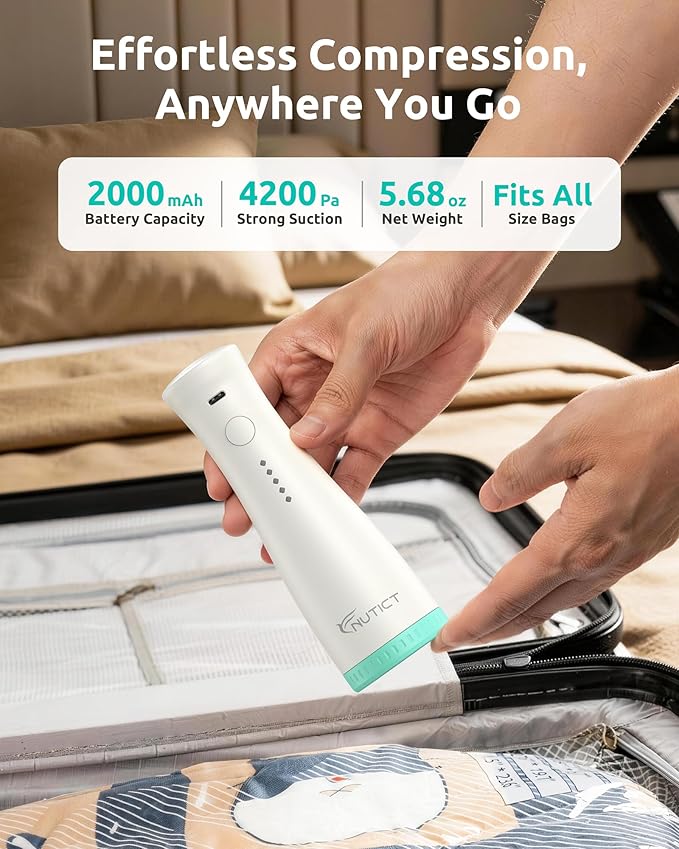 NUTICT 8-Pack Vacuum Seal Storage Bags for Travel, Rechargeable Wireless Air Pump, 4-Size Compression Space Saver for Luggage and Suitcase, Long-Term Reusable Bag for Clothes, Cruise Ship Vacation