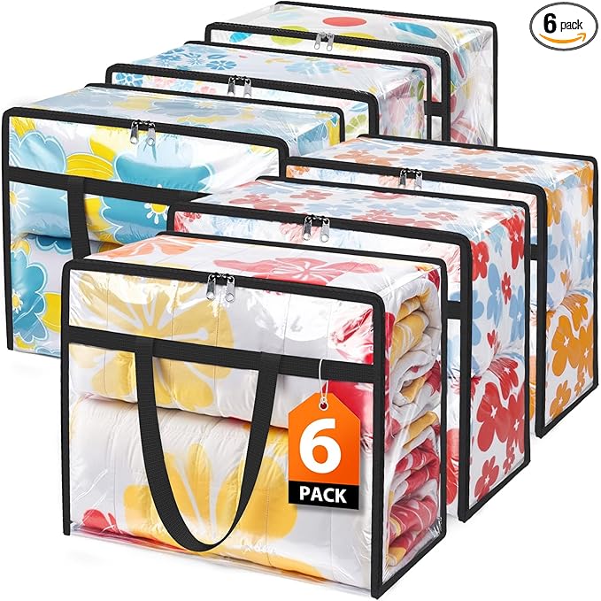 SpaceTrove Clear Clothes Storage Bags, 6 Pack Closet Organizers and Under Bed Storage Containers, Foldable Moving Bags with Zippers for Comforter, Blanket, Bedding, Duvet, PVC Packing Bags 40L