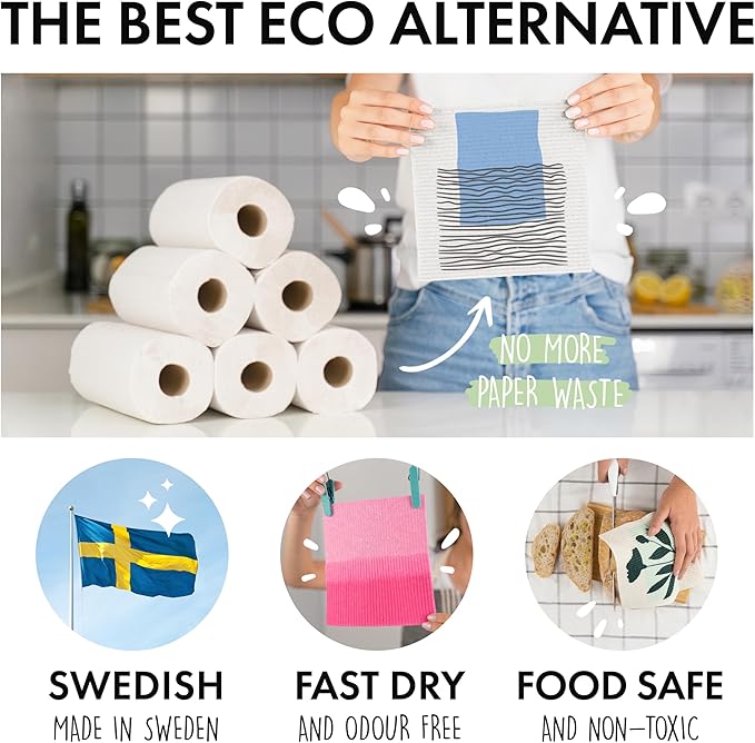 SUPERSCANDI 5 Pack Swedish Dishcloths for Kitchen - 100% Biodegradable & Compostable | Reusable Paper Towels Washable, Food-Safe & Without Plastic - Dish Rags Suitable for Any Surface | Abstract Print