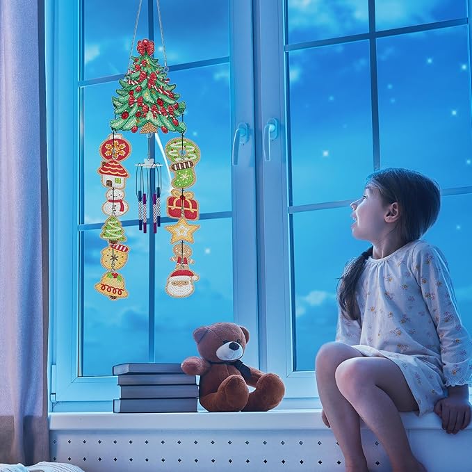 Diamond Dots Christmas Tree Wind Chimes Hanging Ornaments DIY Kits 5D Christmas Tree Diamond Art Painting Wind Chime Hanging Pendant Double Sided Special Shaped Gem by Number Yard Office Window Decor