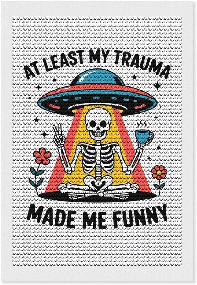 KIVJMSIDJA Skull Skeleton “At Least My Trauma Made Me Funny” Diamond Painting Kits for Adults,Diamond Art Kits for Beginners 5D Round Diamond 8"x12"
