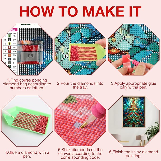 MEIYUDA Christmas Tree Diamond Painting Kits for Adults, 5D Glass Tree Diamond Art Kits for Beginners, DIY Gem Art Crystal Painting for Home Wall Decor and Present 12x16inch