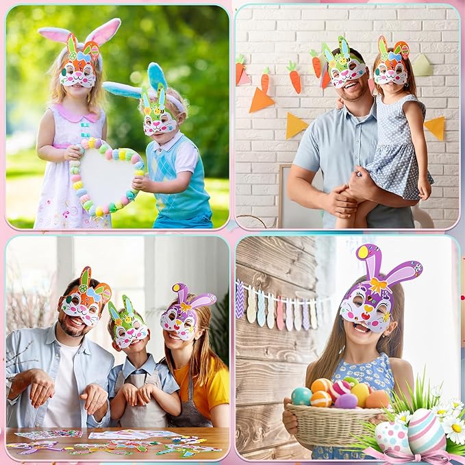 Funrous 48 Sets Easter Crafts Kit Easter Bunny Mask Paper Crafts Bulk DIY Make Your Own Rabbit Face Mask Activity Arts with Foam and Diamond Stickers Spring Classroom Gifts Project Party Favors
