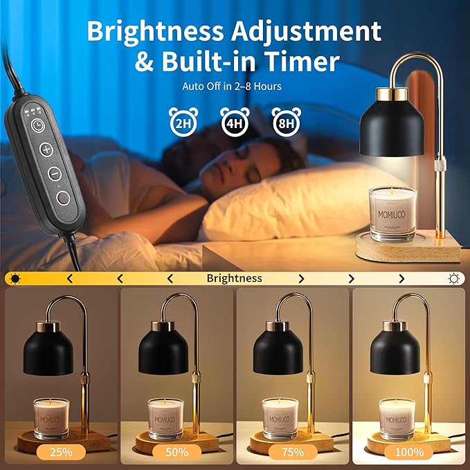 Candle Warmer Lamp with Timer and Dimmer, Height Adjustable Wax Melt Warmer for Jar Candles, Modern Retro Black Glass Shade with Wood Base, Aesthetic Home Decor, Birthday Gifts for Women Mom