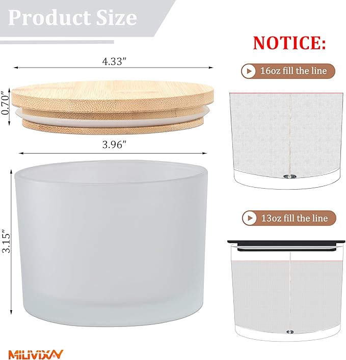 MILIVIXAY 6 Pack 16 oz Candle Jars with Bamboo Lids and Candle Making Kits - 3 Wick Candle Jar,Bulk Empty Frosted White Thick Glass Jars for Making Large Candles- Spice, Powder Containers.