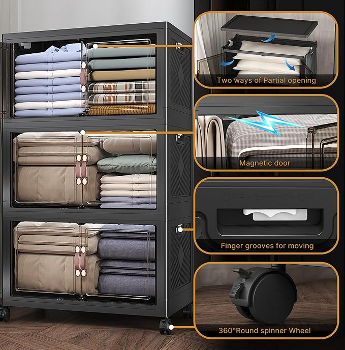 Extra Large Stackable Storage Bins with Lids & Wheels, Foldable Collapsible Closet Organizers Dark Storage Cabinet with Doors for Bedroom Dorm
