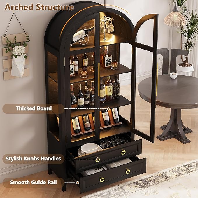 LVSOMT 71" Tall Arched Storage Cabinet with Glass Doors and Drawers, Curio Display Cabinet with Adjustable LED Light & Human Sensor, 4-Tier China Cabinet for Living Room(Black)