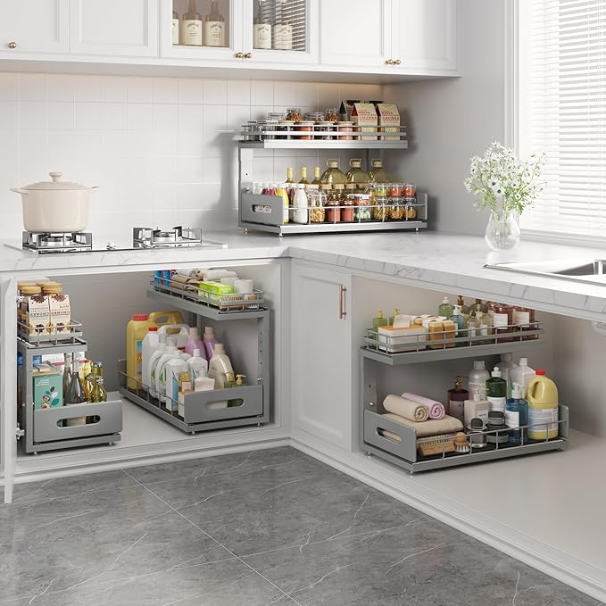 Under Sink Organizer Upgrade To Professional Rails,2-Tier Dual Pull Out Cabinet Storage,Height Adjustable Slide Out Drawers For Bathroom Kitchen,1 Pack-18.5"Dx12.8"-16.9"H,Gun Gray
