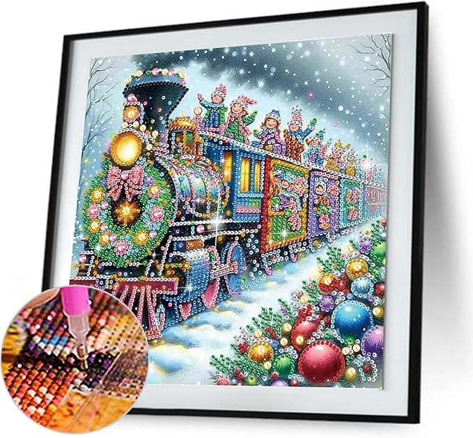Xmas Train 5D Special Shape Diamond Art Kits for Beginners, Christmas Winter Theme Diamonds Painting Kits for Adults,DIY Crystal Rhinestones Diamond Paintings for Home Wall Decor 12×12Inch