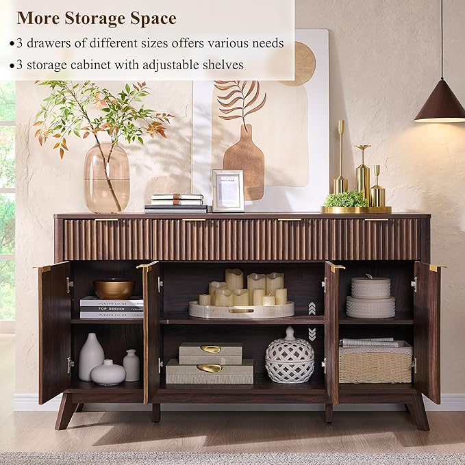 OKD Fluted Storage Cabinet with Drawers, 60" Morden Buffet Sideboard Coffee Bar Cabinet with 4 Doors and 3 Drawers for Dining Room, Living Room,Hallway (Dark Walnut)