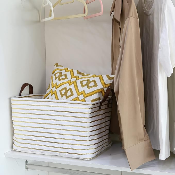Hinwo 31L Large Storage Bins, 4-Pack Closet Organizers and Storage, Foldable Clothes Storage Baskets with Handles, Containers for Clothing, Blanket, Towels, Toys, Bedding (Gold Stripe)