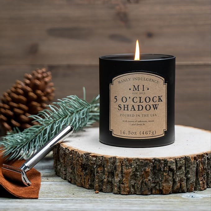 Manly Indulgence 5 O'Clock Shadow Scented Candles for Men, 16.5 oz Single Wick, Premium Soy Blend Wax, 60H Burn, Candles for Home Scented – Made in The USA