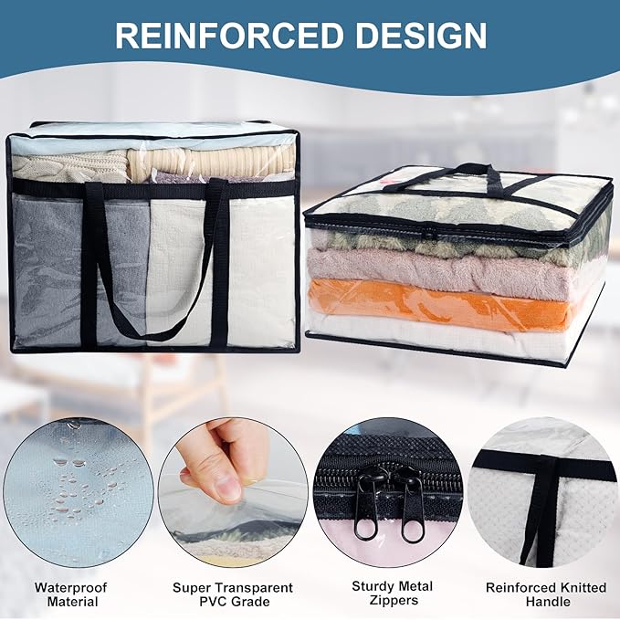 6Pack Clear Blanket Storage Bags, Vinyl Comforter Clothes Storage Closet Organizers and Storage Containers Moving Bags with Reinforced Handle for Bedding, Clothing, Comforters, Pillows, Toys,90L