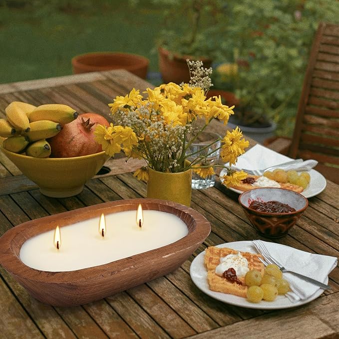 Citronella Candle in Wooden Bowl, 8oz Triple-Wick Smokeless Candle, Clean Burning Natural Citronella Scented Candle for Home Decor, Patio, Garden and Relaxation